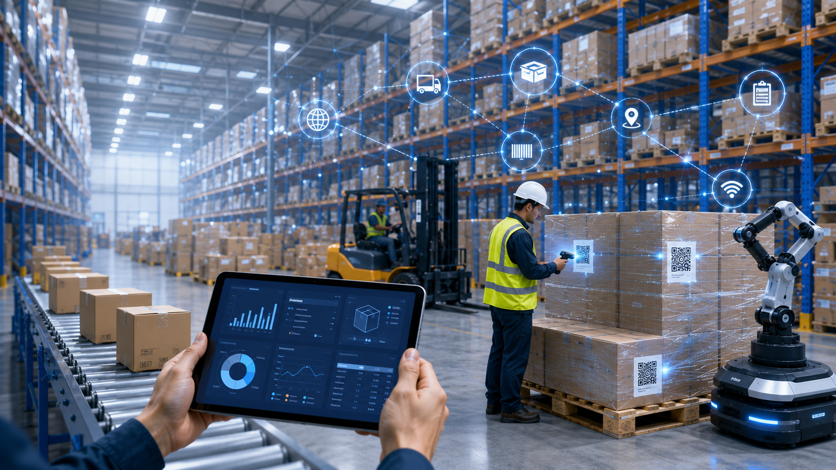 Warehouse operator scanning QR code on a pallet using a mobile device